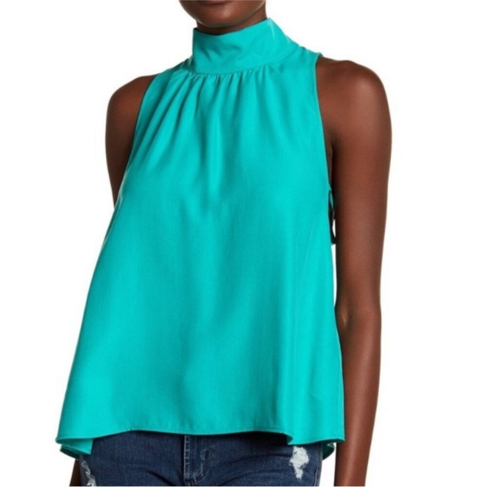 NWOT Free People Aqua “Palm Breeze” Sleeveless Blouse Mock Neck Turquoise Top XS - Picture 15 of 15